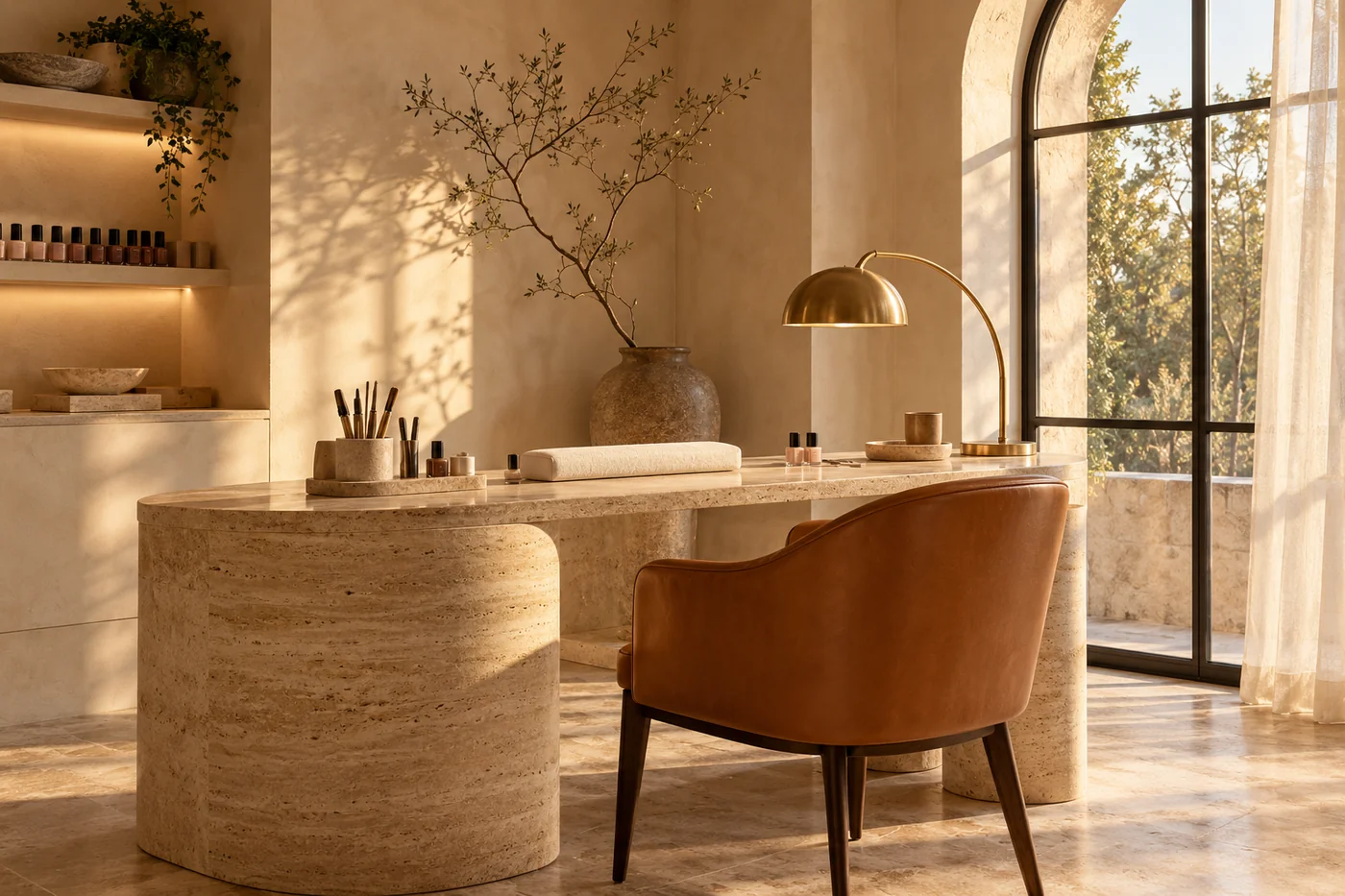 Không gian salon với bàn đá tự nhiên và ánh sáng ấm, hình minh họa